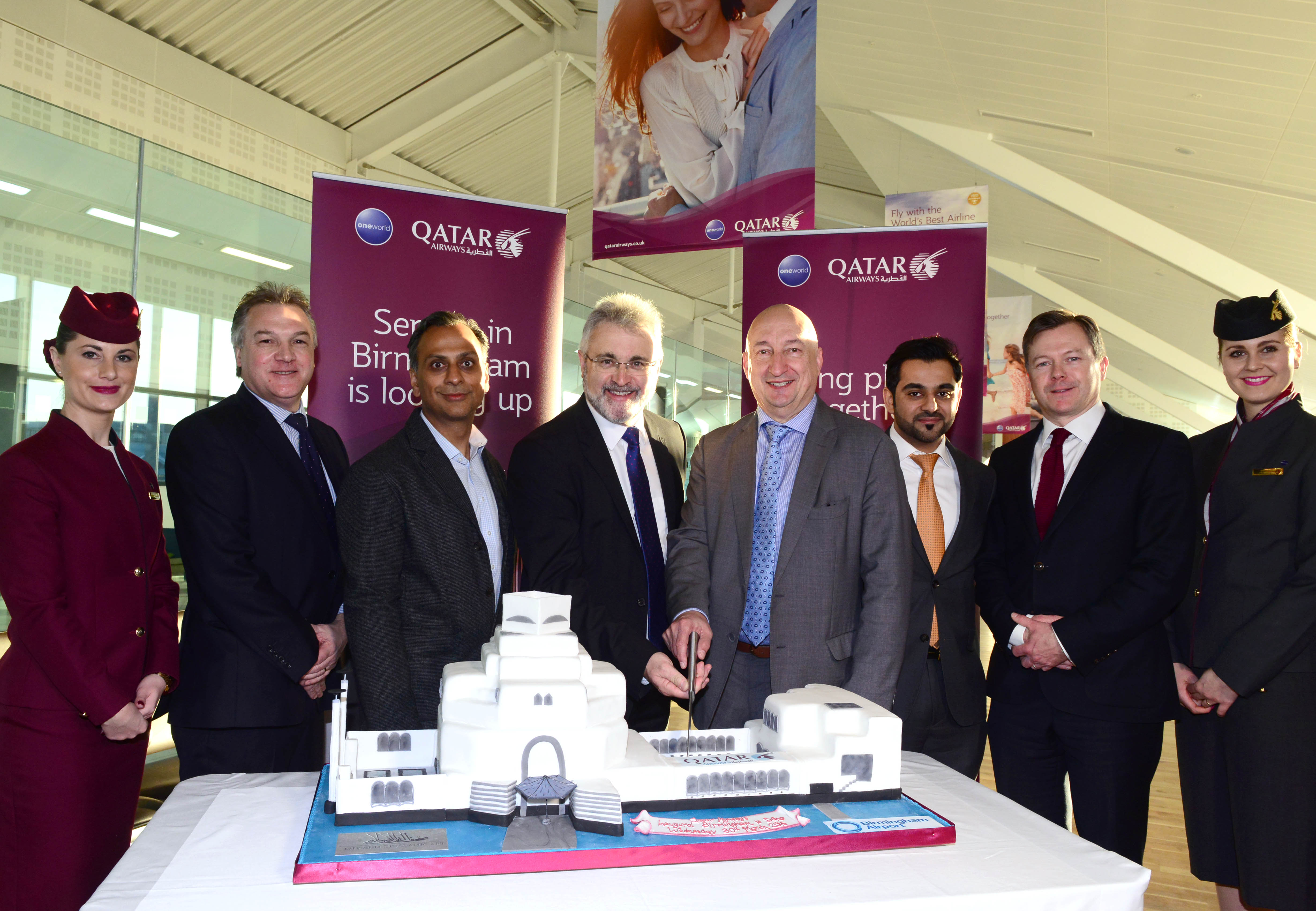 Pictured with a celebratory cake replicating the iconic Museum of Islamic Art in Doha are, left to right; Mr. Richard Oliver, Qatar Airways Country Manager U.K. & Ireland; His Excellency Mr. Ajay Sharma, U.K Ambassador to Qatar; Mr. Paul Kehoe, Chief Executive Officer of Birmingham Airport; Dr. Hugh Dunleavy, Qatar Airways Chief Commercial Officer; His Excellency Mr. Hamad Al Muftah, Qatari Deputy Ambassador to the U.K. and Mr. Jonathan Harding, Qatar Airways Senior Vice President NSW Europe. Picture by Qatar Airways.