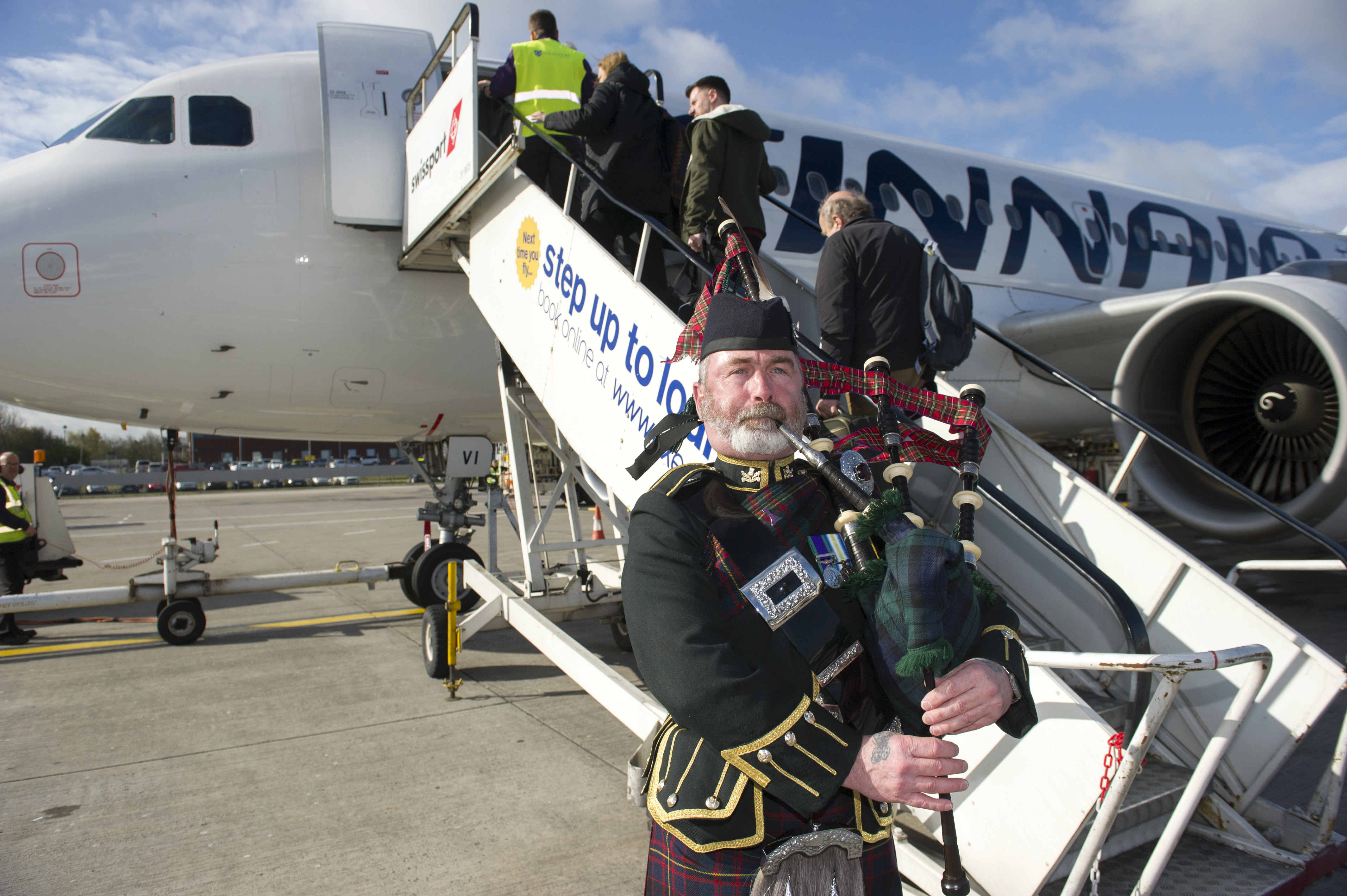 Finnair inaugural flight form Edinburgh Airport to Helsinki. Pictured is Edinburgh Airport Chief Executive Gordon Dewar, Fredrik Charpentier and Finnair Captain Antti Rautianen. © Lesley Martin 2016