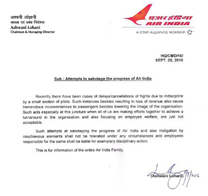 ALERT Air India publishes letter to pilots attempting 