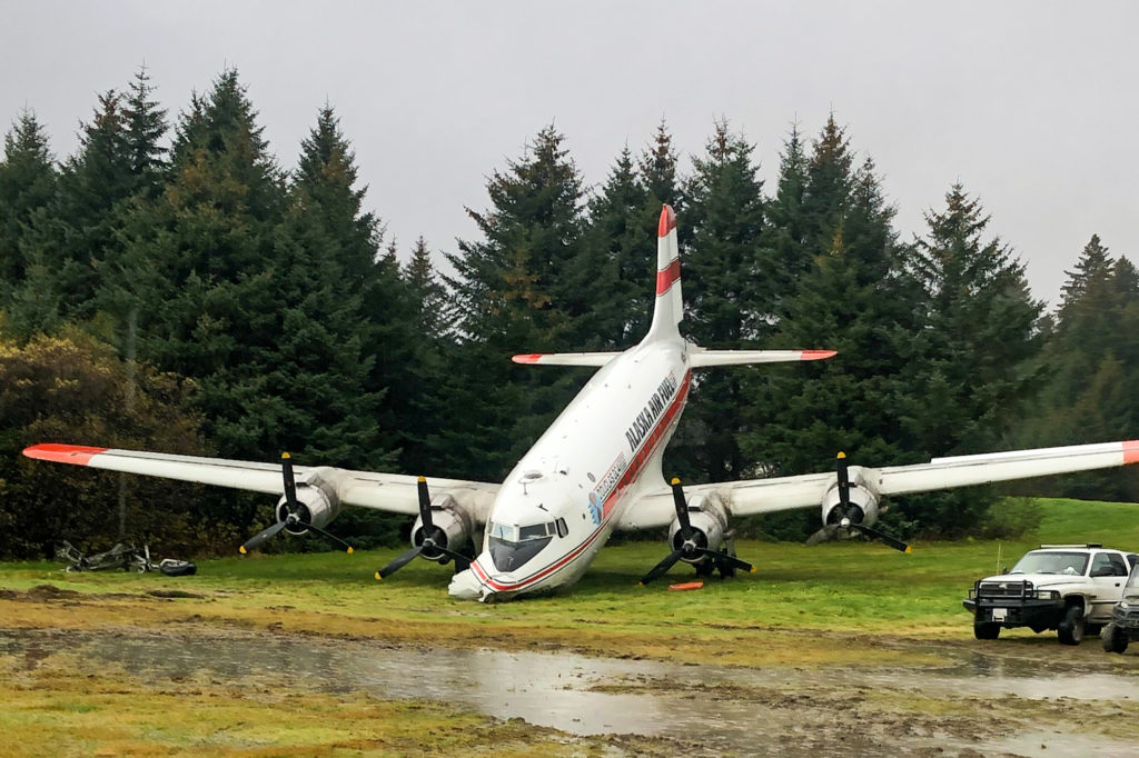 Alaska Air Fuel only aircraft, Douglas DC-4 overran the unpaved grass