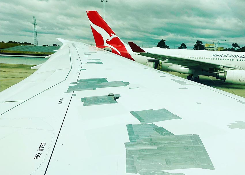 A photo of a Boeing 787's wing covered in what appears to be duct tape became viral